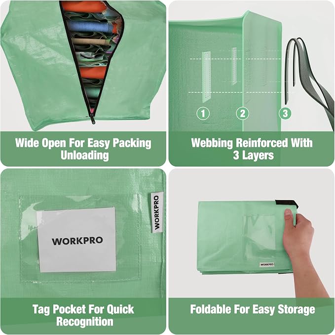WORKPRO 6 Pack Extra Large Moving Bags with Zippers & Carrying Handles Backpack Straps, Heavy-Duty Storage Tote for Space Saving & Storage, Alternative to Moving Box (Green)