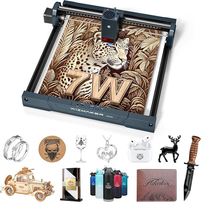 WIZMAKER Wand Laser Engraver and Cutter Machine, 7W(7000mW) for Wood, Leather, Paper, MDF, Felt, Compact Laser Cutter Portable DIY & Small Business Projects Desktop Laser Engraver