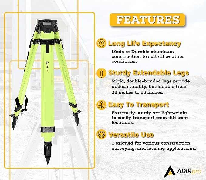 AdirPro Laser Level Tripod - Universal Heavy Duty Survey & Transit Tripod - 5/8" x 11" Thread - Quick Clamp - Aluminum Construction for Lasers & Levels (Green)
