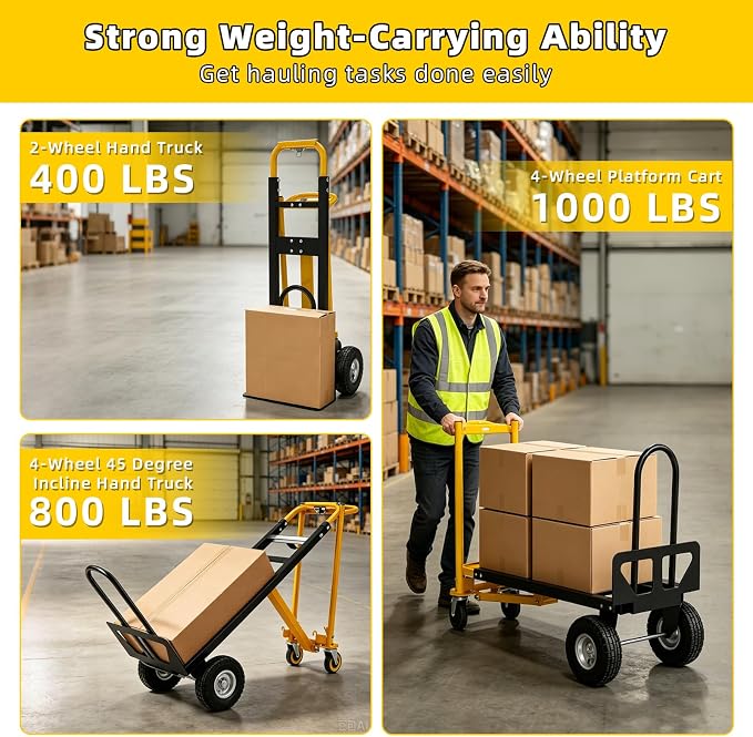 4 in 1 Convertible Hand Truck Dolly, 1000Lbs Capacity, Heavy Duty Folding Hand Truck Dolly Cart with Wheels 10" All-Terrain Tires, Hand Trucks for Logistics, Home, Office, School, Yellow