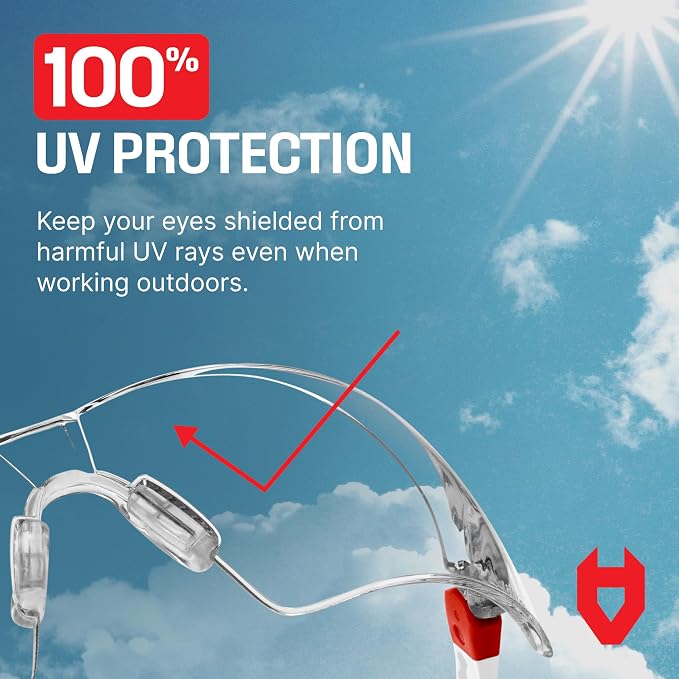 NoCry Safety Glasses with Clear Anti Fog Scratch Resistant Wrap-Around Lenses and No-Slip Grips, UV Protection. Adjustable, White & Red Frames (10 pack)