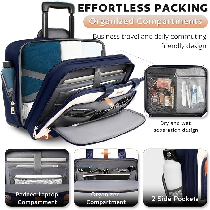 Arcoyard Rolling Laptop Bag, Rolling Briefcase for Women with Waterproof Pocket, 16 Inch Computer Bag, Underseat Carry On Luggage with Wheels for Work Travel Business, Lightweight Navy Blue Brown