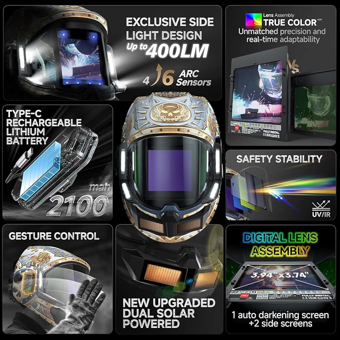 ANDELI Welding Helmet - Panoramic 180° View 3.94"X3.74",True Color Auto Darkening Welding Helmet with Light, 4 Arc Sensor, 4/5-8/9-13 Type-C Charging (MONERIG-LED)