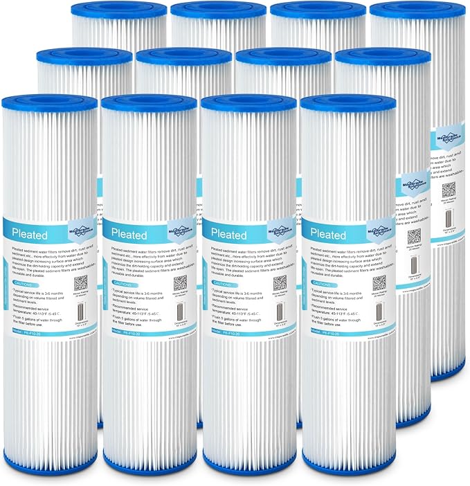 Membrane Solutions 20 Micron Pleated Polyester Sediment Water Filter 10"x2.5" Replacement Cartridge Universal Whole House Pre-Filter Compatible with W50PE, WFPFC3002, SPC-25-1050, FM-50-975 - 12 Pack