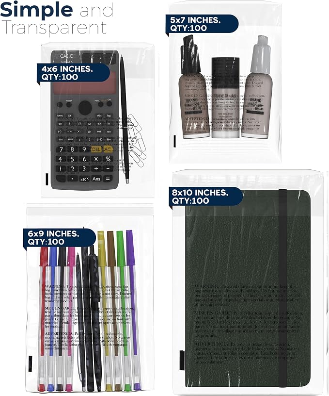 Poly Bags Suffocation Warning 400 pc Combo Pack 4x6 5x7 6x9 8x10 Resealable