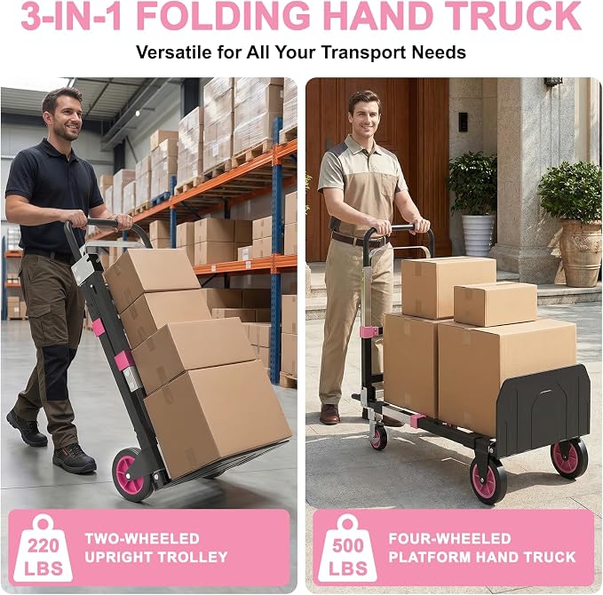 3-in-1 Folding Hand Trucks, 500lbs Convertible Dolly, Dolly Cart with Wheels Heavy Duty, Moving Cart with Retractable Handle, Collapsible Trolley for Moving Office/Home/Warehouse/Boxes/Cartons (Pink)