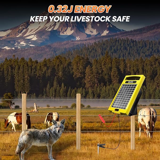 24 Hour Solar Electric Fence Charger, 20 Miles, Up to 10200v Output Range Electric Fence Charger, 0.32J Portable Energizer with Solar Panel for Livestock & Predator Protection