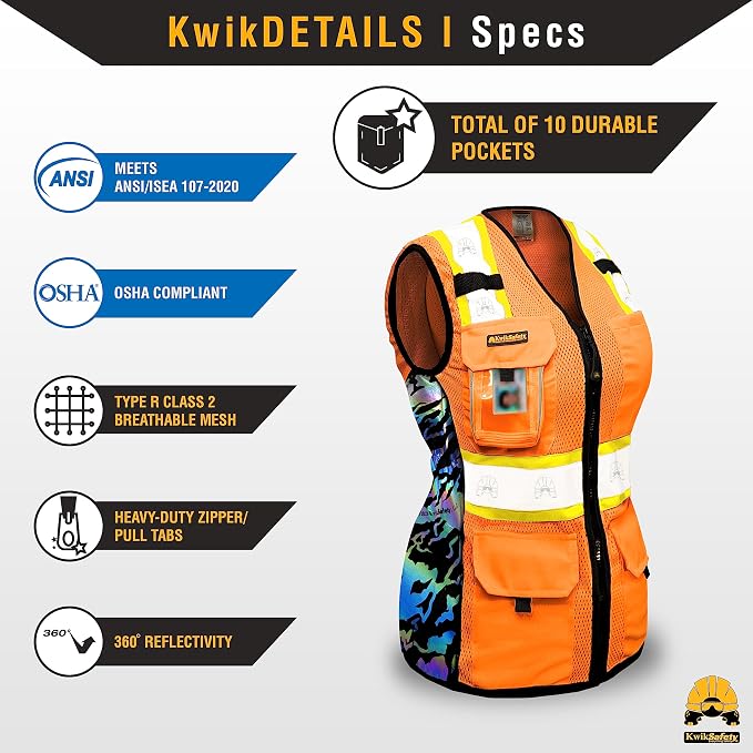 KwikSafety TIGER QUEEN Safety Vest for Women [Orange, Medium] + TORTOISE Full Brim Hard Hat Bundle