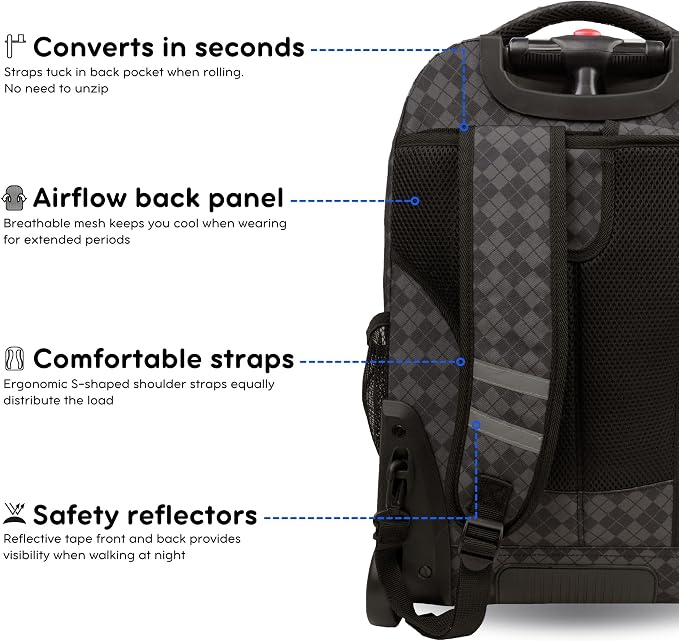 J World Sundance Laptop Rolling Backpack for Girls Boys. Roller Bookbag with Wheels, 20 Inch, Argyle Black