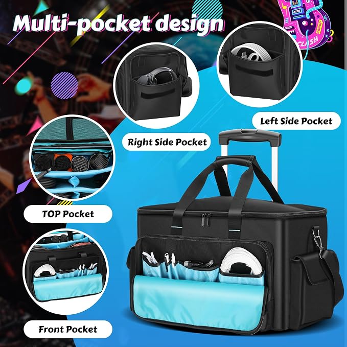 DJ Cable Bag, Rolling DJ Cable Bag with Detachable Trolley & Dividers | Large Capacity Gig Bag with Laptop Compartment, Professional Organizer Bag for Cables, Microphones, and DJ Equipment