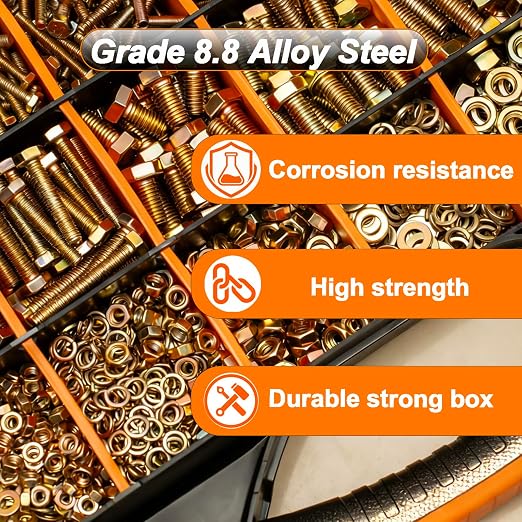1480pcs Metric Nuts and Bolts Assortment Kit, M4 M5 M6 M8 Bolt Assortment, Grade 8.8 Alloy Steel with Yellow Zinc Plated, Length from 12-30mm