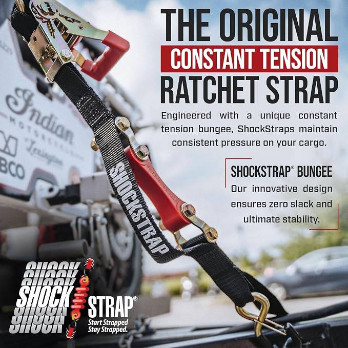 SHOCKSTRAP Ratchet Strap, 7’ x 1.5" Shock Absorbing Heavy Duty Tie downs for Cargo, 1,000 LB WLL / 3,000 LB Break Strength, 4-Pack