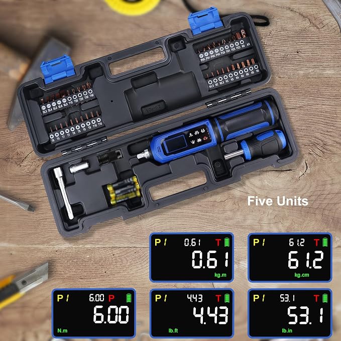 46 Pcs Digital Torque Screwdriver Set 1/4",0.8-53.2 LB.IN Adjustable Inch Pound Torque Screwdriver, Torque Wrench Screwdriver ±1% Accuracy, LCD with Buzzer & LED Alerts