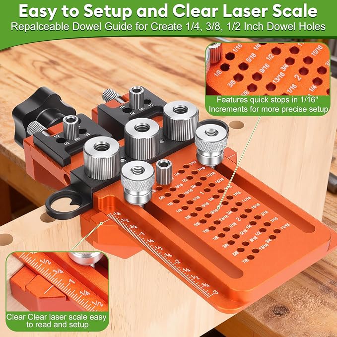 Adjustable Dowel Jig Kit, Drill Guide with Quick Positive Stop & Clamp – Fits 1/4, 3/8, 1/2 Inch Dowel Holes, Dowel Jig for Woodworking Fit All Kinds Wood Dowel Joints, for Cabinet, Furniture