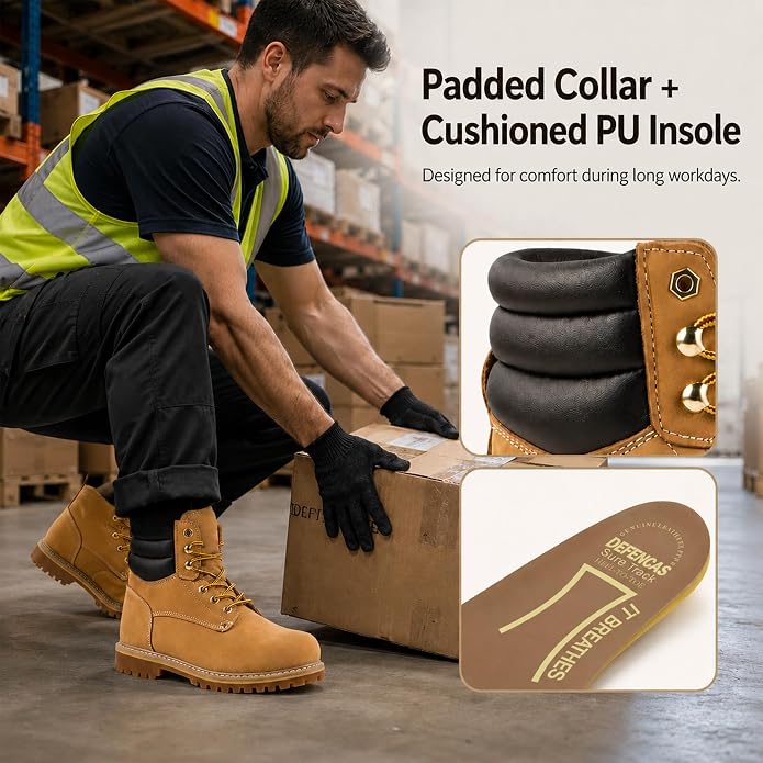 Men's 6" Leather Steel Toe Work Boots for Men, Oil/Slip Resistant Rubber Sole, Men's Safety Construction Boots. 84710