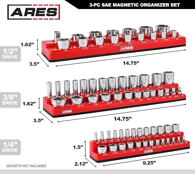 ARES 60035-3-Piece Set SAE Magnetic Socket Organizers - RED -Includes 1/4 in, 3/8 in, 1/2 in Socket Holders - Holds 68 Standard (Shallow) and Deep Sockets - Also Available in GREEN