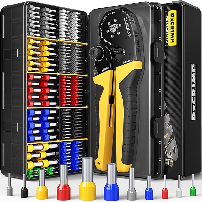 Hex Ferrule Crimping Tool Kit, AWG 24-4 (0.25-25mm²) Self-Adjusting Ratcheting Wire Crimper with 11-Type Terminal Assortment for 12V Automotive, Marine & Home Electrical Wiring