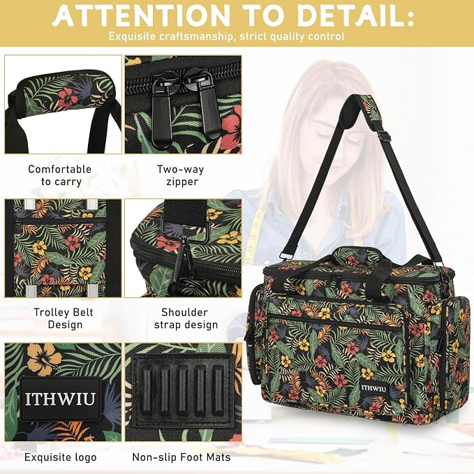 Sewing Machine Case with Wheels, Universal Rolling Trolley Tote with Shoulder Strap & Multiple Storage Pockets Compatible with Most Standard Singer, Brother, Janome, Floral