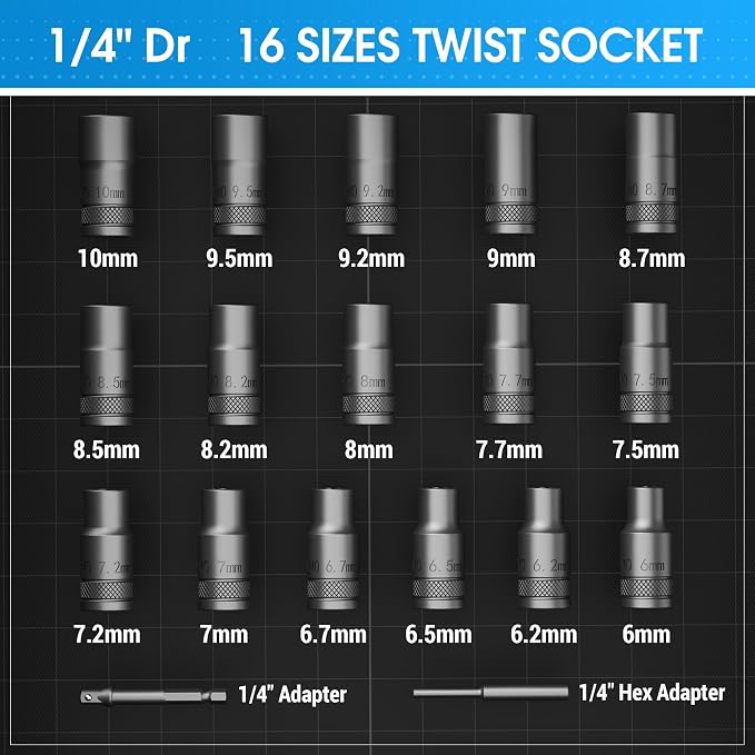 16PCS Deep Well Bolt Extractor Set, 1/4” Dr Impact Bolt & Nut Remover Set, Bolt Removal Set for Damaged, Rusted, Rounded-Off, Stripped Fasteners