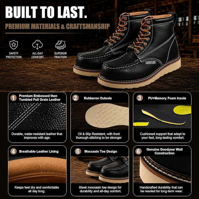Work Boots for Men, 6" Leather Lightweight Comfort Moc Toe Steel Toe Puncture Resistant Wedge Safety Boots, Goodyear Welt, Industrial, Construction, Electrician, US 7-17