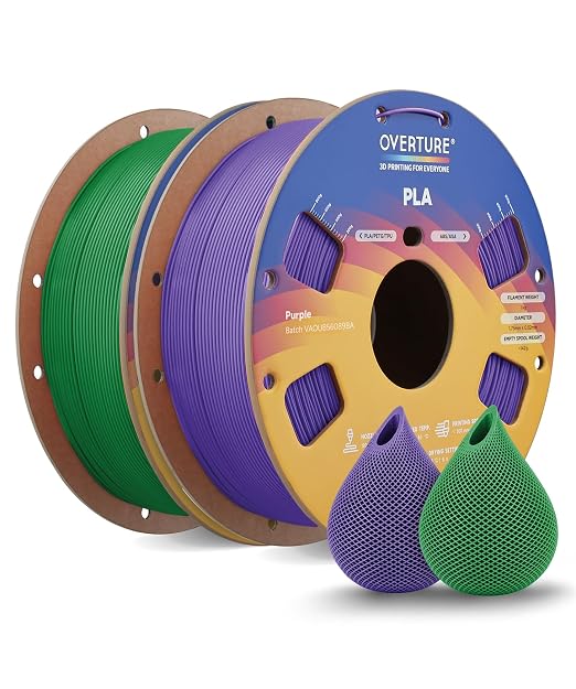 OVERTURE 2KG Bundle High Speed PLA Filament 1.75mm, Neatly Wound 3D Printer Filament 2 Pack 1kg Spool (2.2lbs) Rapid PLA, Fit Most FDM 3D Printers (Purple+Green)