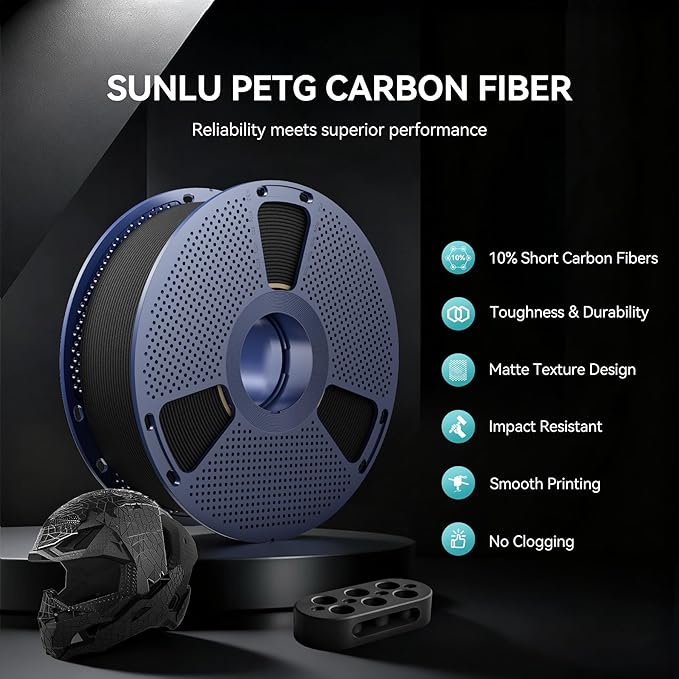 SUNLU Carbon Fiber PETG 3D Printer Filament 1.75mm, Enhanced Strength, High Rigidity, Heat-Resistant, 10% Carbon Fiber, Fit Most 3D FDM Printers, 1KG Spool PETG-CF (Matte Black)
