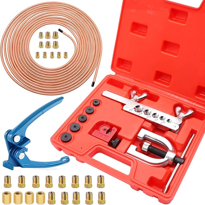 Tnisesm 3/16 Copper Coated Brake Line Kit 25 ft + Blue Tube Bender+ Copper Aluminum Brake Line Double & Single Flaring Tool Kit,Consisting of 4 Unions Brake Line Fittings and 16 Fittings
