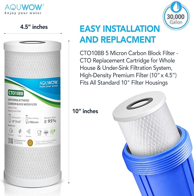 CTO10BB 5 Micron 4.5" x 10" Carbon Block Water Filter Set – Replacement Cartridges for Whole House and Under Sink Systems, Universal Standard Size (1, 10 x 4.5)