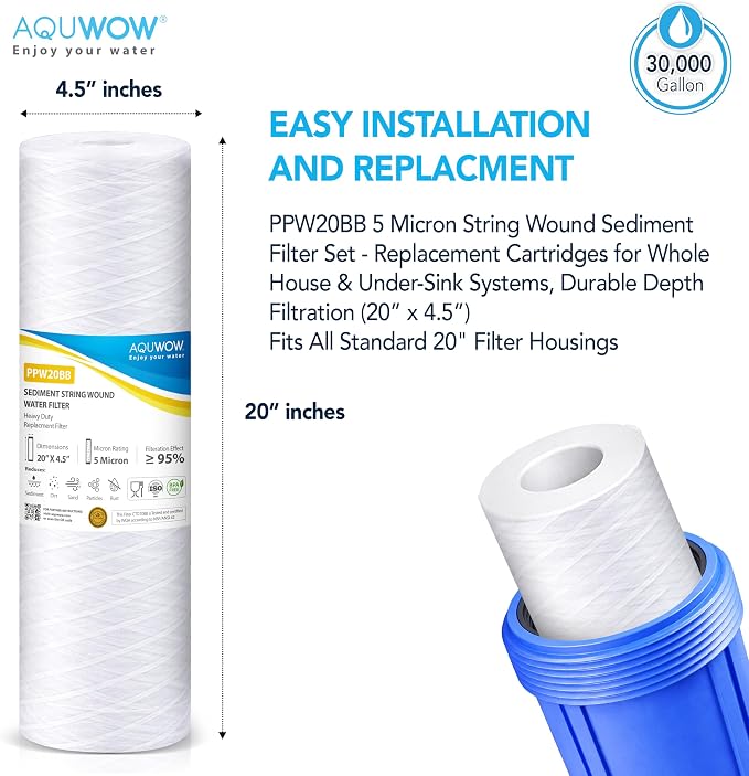 PPW20BB 5 Micron 4.5" x 20" String Wound Sediment Filter Set – Replacement Cartridges for Whole House & Under Sink Systems, Durable Depth Filtration (4, 20 x 4.5)