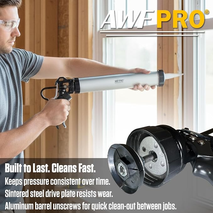 AWF PRO Sausage Caulking Gun, 20 oz Foil Pack and 10 oz Cartridge Convertible, 18:1 Thrust Ratio, Aluminum Barrel, Includes 3 Tips