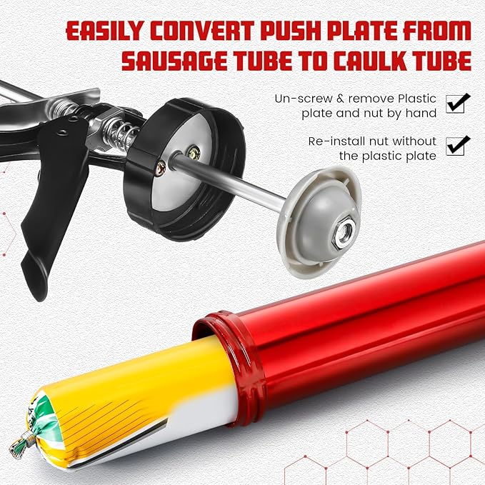 Lasnten 2 Pack Sausage Caulk Gun 20 oz Aluminum Cordless Sausage Caulking Gun with 4 Cone Nozzles, 18: 1 Thrust, Aluminum Sealant Hand Caulk Kit for Contractors (Red)
