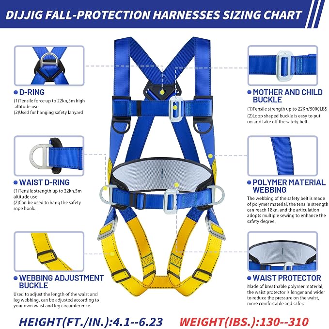 DIJJIG Universal Full Body Fall Protection Safety Harness with Dorsal D-Ring and Mating Buckle Legs，roofing harness construction harness ANSI/ASSP Compliant,internal Shock Absorbing landyard&Hook