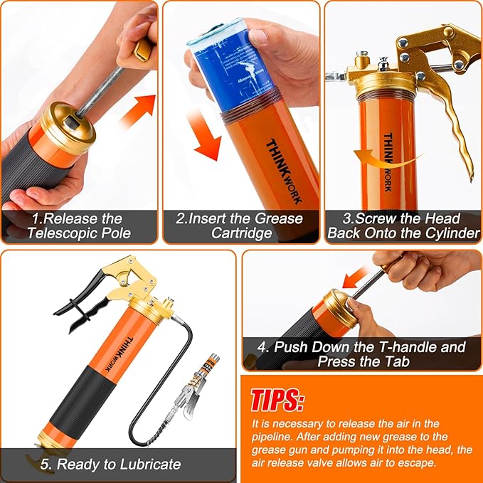 THINKWORK 8000 PSI Professional Heavy Duty Grease Gun Kit for 14 Oz Tubes, Pistol Grip Lube Grease Guns Tool with 0.53" Coupler & 90° Adaptor - Automotive, Marine, Industrial, Agricultural Machinery