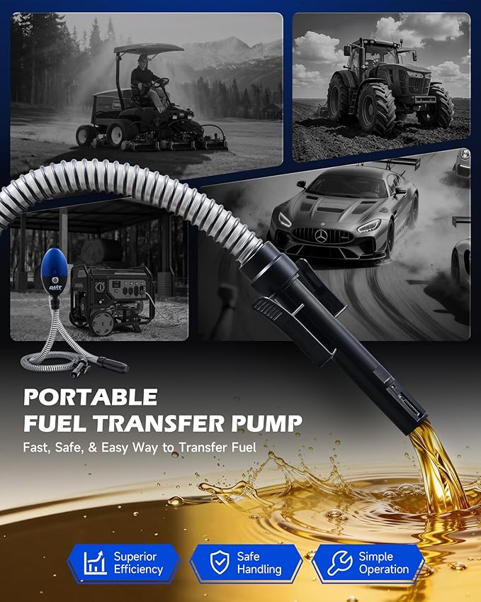 Orion Motor Tech Electric Fuel Transfer Pump with Auto-Shutoff, 3.2GPM Gas Can Pump, 51" Hose, USB-C & AA Battery (NO BATTERIES INCLUDED) Powered, 4 Adapters for Gasoline, Diesel, Kerosene, Blue