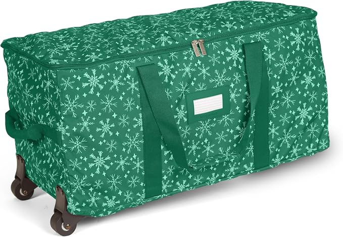 Covermates Keepsakes Rolling Treasurekeeper Storage Bag – Heavy-Duty Polyester with Dual Wheels & Handles – Protects Holiday Decorations with ID Window & Dual Zipper Access, Green Snowflake