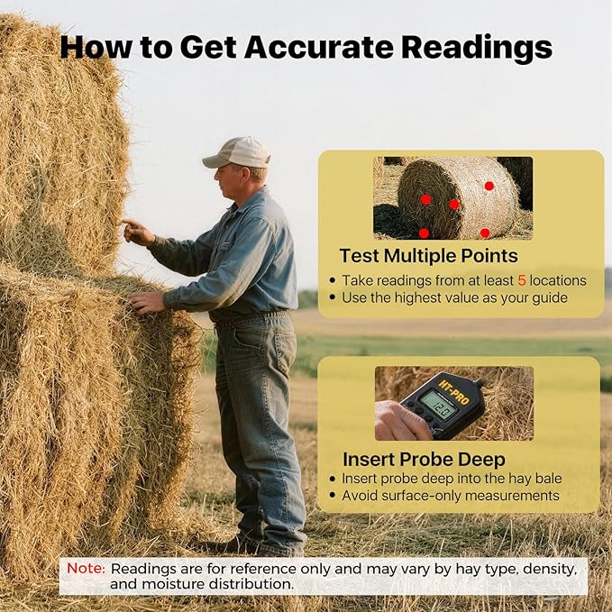 Hay Moisture Tester with 20" Probe, Moisture & Temperature Meter for Round and Square Hay Bales, Fast Backlit Readings, Calibration Clip Included, Black
