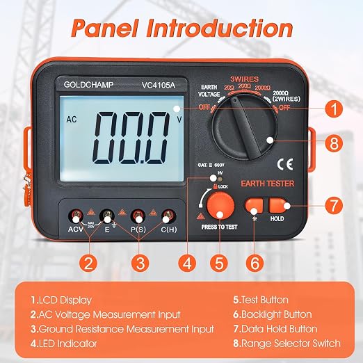 Professional Ground Earth Resistance Tester, 20/200/2000Ω Digital Meter with AC Voltage, Backlight LCD Display, Data Hold & Overload Protection, Safety Tester for Electricians, HVAC & Workers