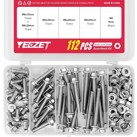 112PCS M6 Stainless Steel 304 Flanged Hex Head Bolts and Nuts kit 10mm 20mm 30mm 40mm 50mm