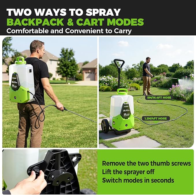 5.2 Gallon Battery Powered Backpack Sprayer with Wheeled Cart, 0-120 PSI Adjustable Pressure, 16.4FT Hose, 8 Nozzles, Compatible with Makita 18V Battery for Lawn Garden Yard Weeding Cleaning
