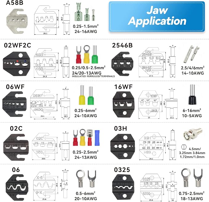 HKS Ratcheting Crimping Tool Set 11 PCS with Changeable Jaws for Dupont JST MOLEX - Open Barrel Terminals, Insulated & Non-Insulated Ferrules, Terminals & Butt Connectors,Solar & Coax Connectors