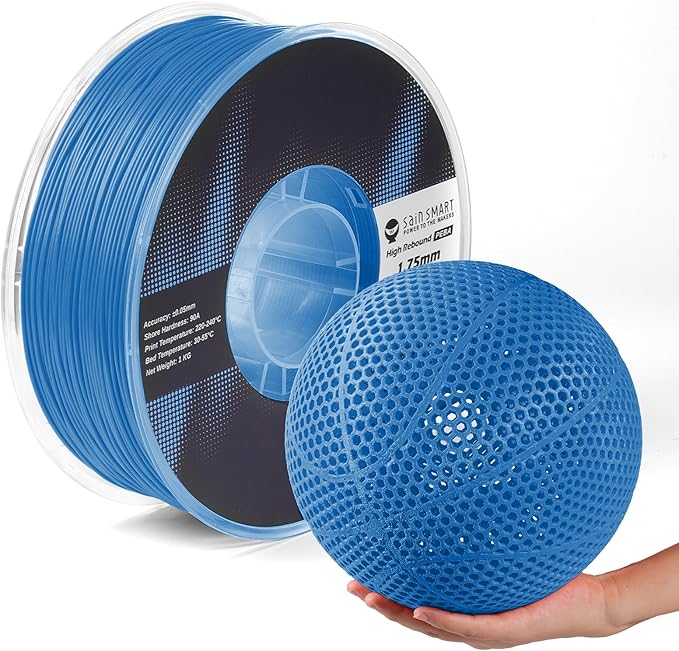SainSmart PEBA High Rebound 90A Flexible Filament, 1KG (2.2lbs), Super TPU with 78% High Rebound, 20% Lighter & 2X Faster Printing, Nylon-Based Strength, Adjustable Flexibility, 1.75mm, Blue