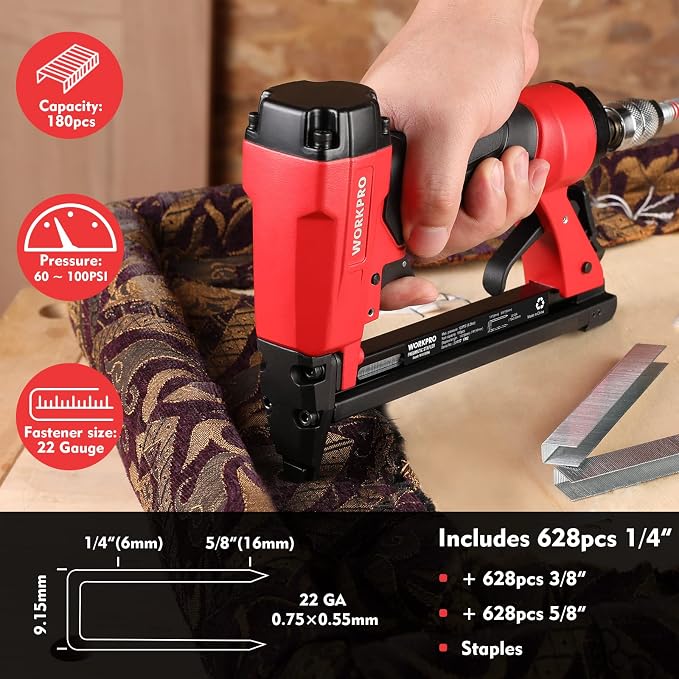 WORKPRO 7116 Pneumatic Staple Gun, 22 Gauge Upholstery Stapler with 1884pcs Staples 1/4" to 5/8", Air-Powered, Rear Exhaust, for Carpentry, Woodworking and DIY Projects