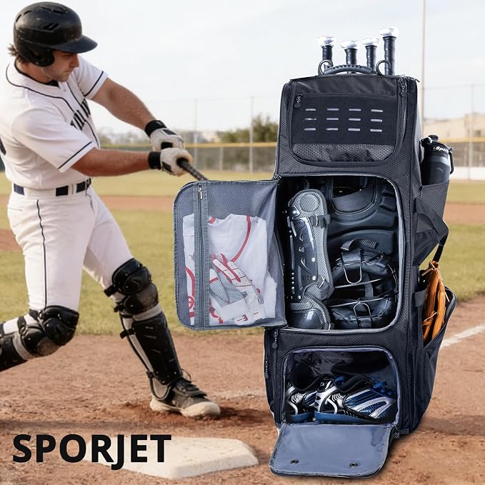 Large Rolling Baseball Catchers Gear Bag with Wheels, Softball Bag with Hard Backing for 4 Bats,Equipment Bag with Separate Shoe & Helmet Compartments, Youth Baseball Bag with 360° Spinner Wheels