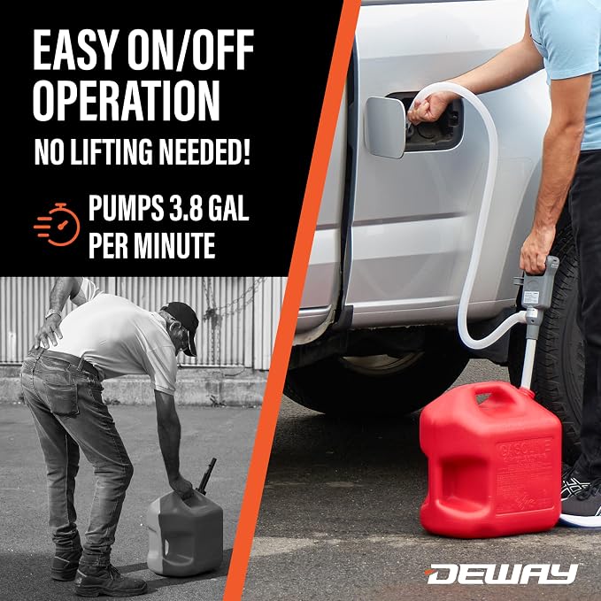 Deway Automatic Fuel Transfer Pump, Powerful AA Battery Powered with USB-C Power Option, 51" Extra Long Hose Fits All Size Cans, Portable Liquid Pump Transfers at 3.8 Gal/Minute