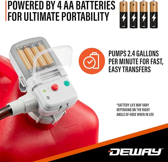 Deway AA Battery Gas Pump Automatic Fuel Transfer with Trigger Nozzle & PVC Hose - 2.4 GPM Siphon Pump for Gasoline, Diesel, Kerosene, Gas Cans, Generators, Lawn Mowers, Boats, ATVs