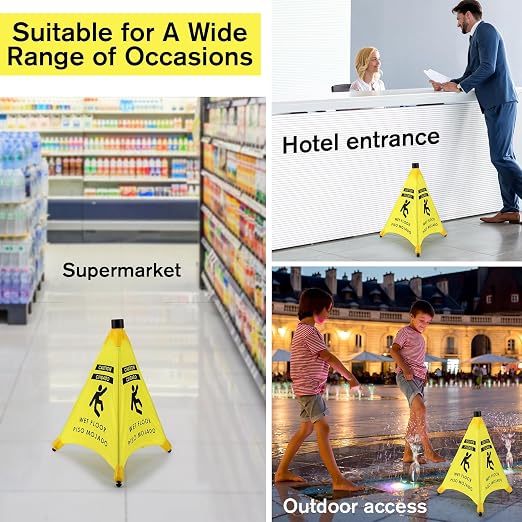 Ceenna 4 Pcs 19.5 Inch Wet Floor Sign Pop-up Safety Cone with Storage Tube Wet Floor Symbol Yellow Warning Sign for Retail, Grocery, Office, Cinema, Restaurant, Mall