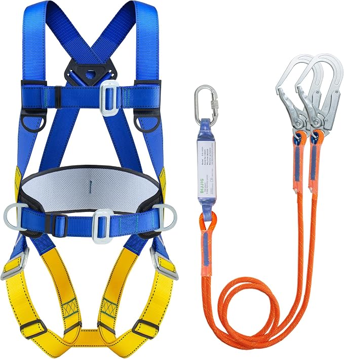 DIJJIG Universal Full Body Fall Protection Safety Harness with Dorsal D-Ring and Mating Buckle Legs，roofing harness construction harness ANSI/ASSP Compliant,internal Shock Absorbing landyard&Hook