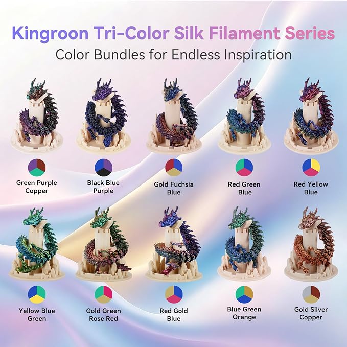 Kingroon PLA Filament, Multicolor Silk PLA Filament, Tri Color 3D Printer Filament, 1.75 mm, Dimensional Accuracy +/- 0.03 mm, 10kg Spool(22lbs) 10 Rolls, 10 Different Multicolor Filaments