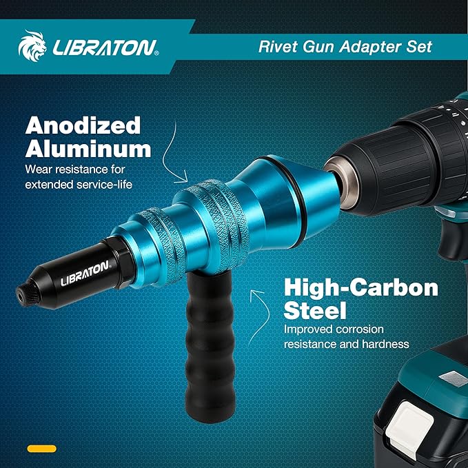 Libraton Rivet Gun Adapter, Rivet Gun Adapter for Electric Drill, Rivet Drill Attachment, for Cordless Electric Power Drill, with Handle, Easy processing for Pop Rivets, 3/32" 1/8" 5/32" 3/16"