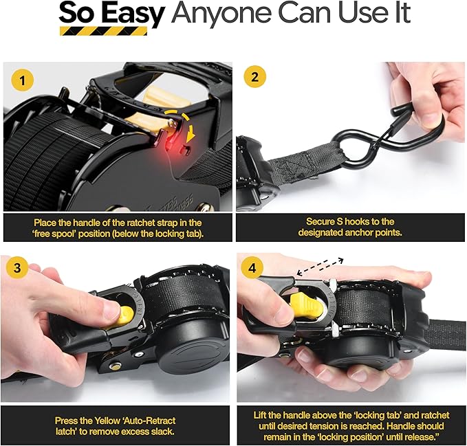 AUGO Retractable Ratchet Straps | 4 Heavy Duty Ratchet Straps Self Retractable Tie Down Straps with Soft Loops & Storage Bag for Motorcycle, Truck, Trailer, Cargo Van | 1200 Lb Break Strength 1” x 10’
